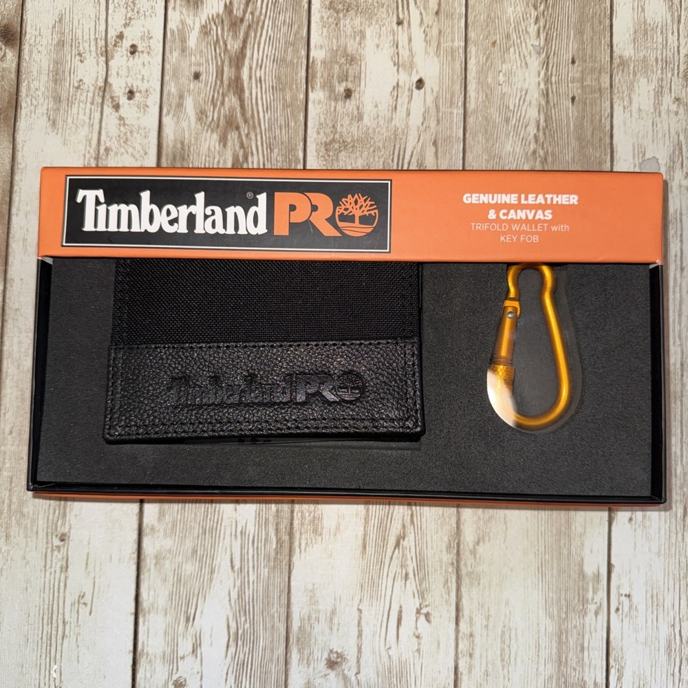Timberland Mens Black Genuine Leather Canvas Trifold Wallet With‎ Key Fob New